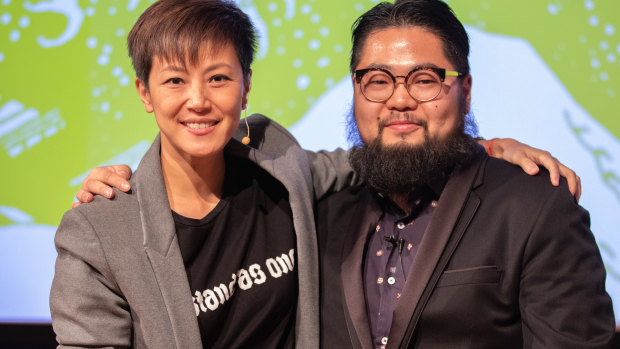 Denise Ho and Chinese political cartoonist Badiucao before the start of the panel event in Melbourne.