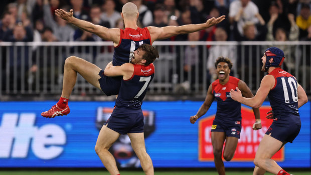 Max Gawn celebrates a goal.