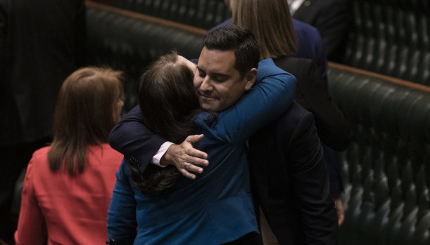 Independent MP Alex Greenwich is congratulated by Liberal MP Felicity Wilson after the passing of the bill to decriminalise abortion in 2019.