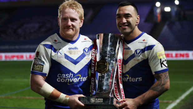 James Graham and Zeb Taia with the Super League trophy.