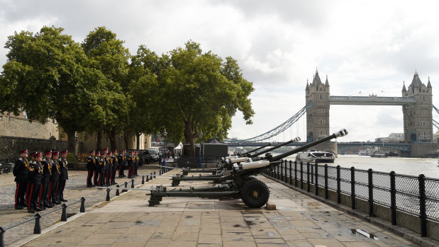 Members of the Honourable Artillery Company prepare for a 96-gun salute at 1pm in tribute to the late Queen Elizabeth II at Tower Bridge.