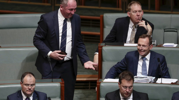 Nationals MP Barnaby Joyce and former prime minister Tony Abbott in conversation at Parliament House. 