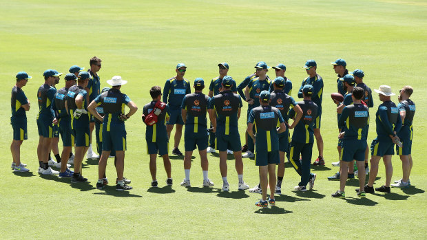 Justin Langer addresses the team during training at the WACA.