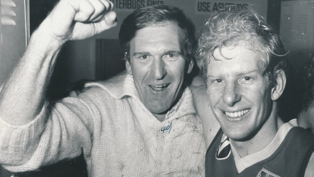A delighted Ian Hampshire (left) with teammate Simon Beasley after a big Footscray victory.