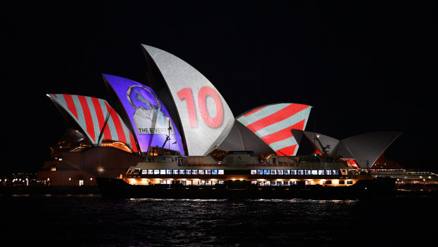 The barrier draw results for NSW Racing's multimillion-dollar race, The Everest, are projected onto the sails of the Opera House last October.