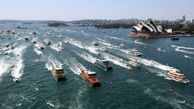 Ferries race on Sydney Harbour last year.