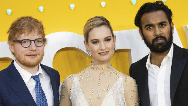Singer Ed Sheeran (left) with actors Lily James and Himesh Patel at the  premiere of Yesterday in London. 