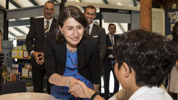 Premier Gladys Berejiklian and Education Minister Rob Stokes talk to students at Concord Public School.