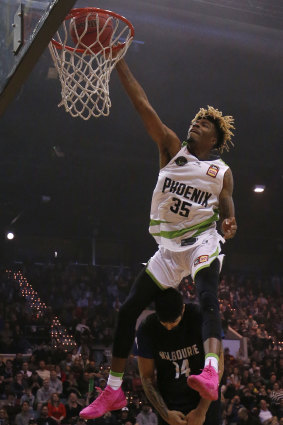 Jump to it: Phoenix player Terry Armstrong took the honours in the slam dunk contest.