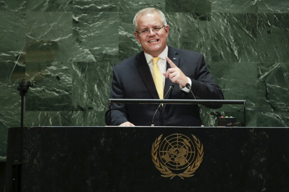 Prime Minister Scott Morrison speaking to the United Nations General Assembly in September.   