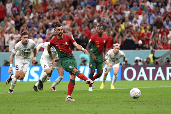 Bruno Fernandes of Portugal scores their team’s second goal.