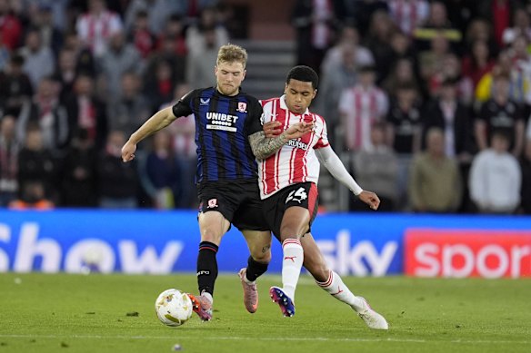 Socceroo Riley McGree (left) in action for Middlesbrough against Southampton, who have now been expelled from the Championship final.