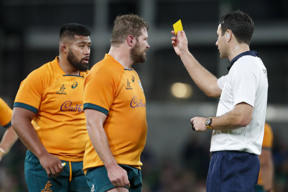 Folau Fainga’a is shown a yellow card against Ireland.