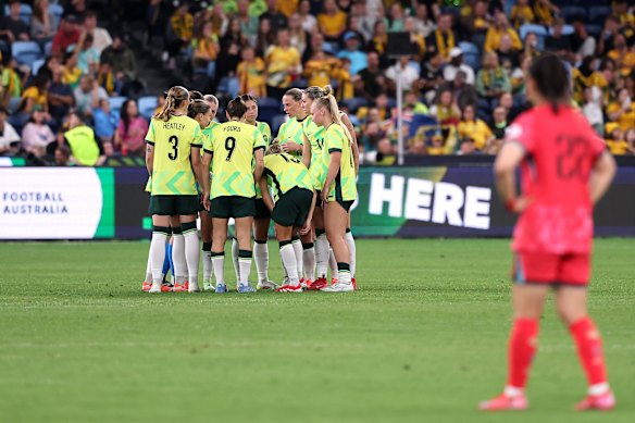 The Matildas celebrate their goal.