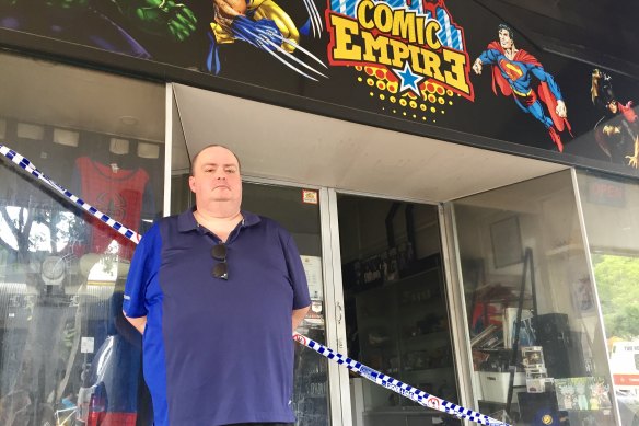 Comic Empire manager Tony Nasser at his fire-ravaged shop.