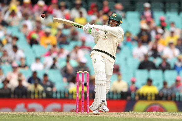 Usman Khawaja pulls for another four.