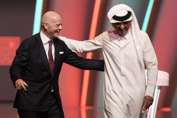 FIFA president Gianni Infantino with the ruler of Qatar, Sheikh Tamim bin Hamad al-Thani, in Doha in April.