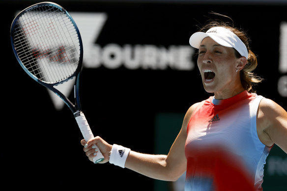 Jessica Pegula celebrates after beating Maria Sakkari.