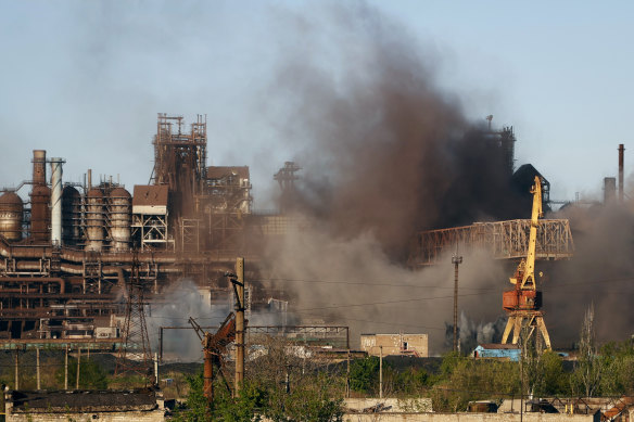 Smoke rises from the Metallurgical Combine Azovstal in Mariupol during shelling on Saturday.