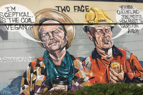 Labor's survival may hang on working out how it communicates with its traditional constituency. Graffiti in the Melbourne suburb of Preston depicts then Labor leader Bill Shorten torn between inner-city and blue-collar voters.
