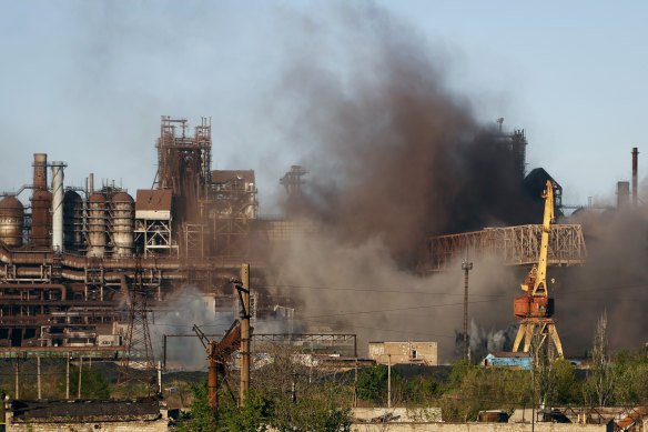 Smoke rises from the Metallurgical Combine Azovstal in Mariupol during shelling.