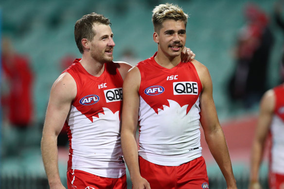 Harry Cunningham with Elijah Taylor after Sydney's round eight win over Hawthorn.