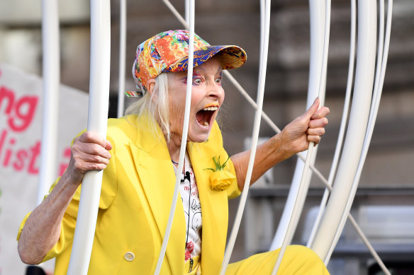 Dame Vivienne Westwood in a suspended giant bird cage in protest for Julian Assange at London’s Old Bailey in July 2020.