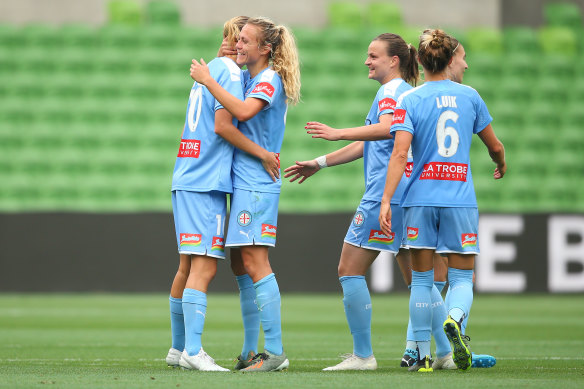 Emily van Egmond celebrates her goal soon after the interval in Melbourne City's win over the Newcastle Jets on Saturday.