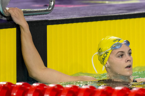 Australia’s Shayna Jack reacts after her women’s 100m freestyle heat.