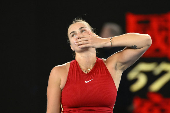 Aryna Sabalenka blows a kiss to the crowd.