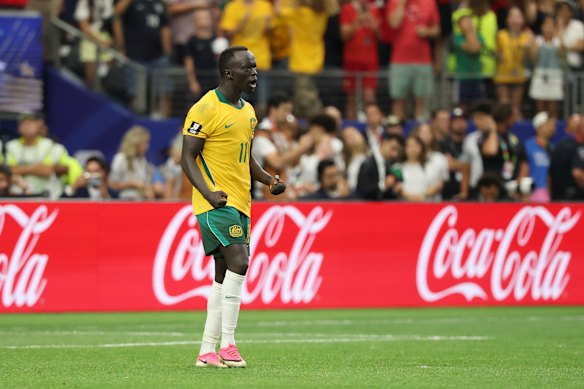 Socceroo Awer Mabil during Australia’s match against Egypt at the World Cup.