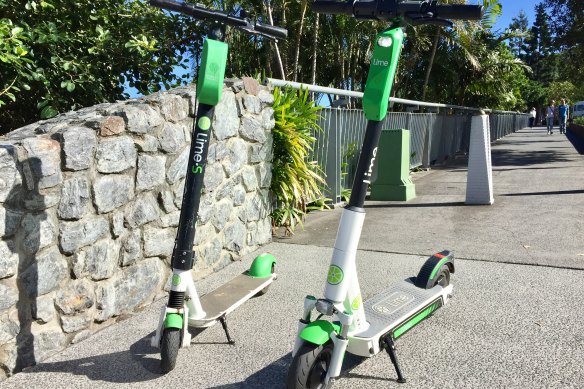 The new-generation Lime scooter (right) alongside the generation 2 style that can be seen around Brisbane at present.