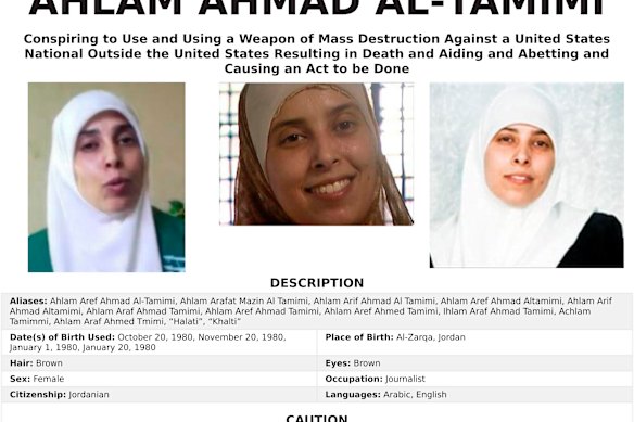 El cartel de los más buscados de Ahlam Aref Ahmad al-Tamimi.