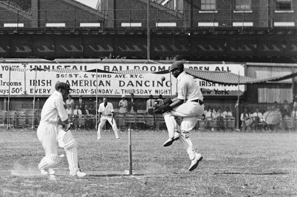 Don Bradman plays in New York against a West Indian team. This match took place at Innisfail Park.