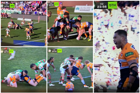 Each play in Newcastle’s eight-tackle set which led to Daniel Saifiti’s try.