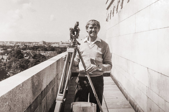 Surveyor Frank Johnston making his calculations for the ray of light ceremony at the Shrine, circa 1980.