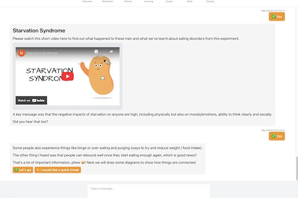 A screenshot from the Eating Disorder Electronic Single-Session Intervention chatbot developed by Professor Gemma Sharp. 