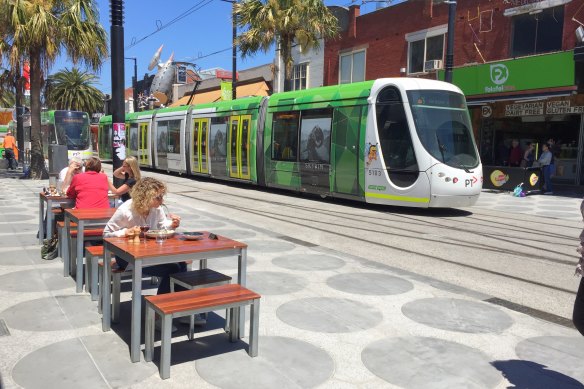 The Acland Street super stop and plaza, shortly after it was opened in 2016.