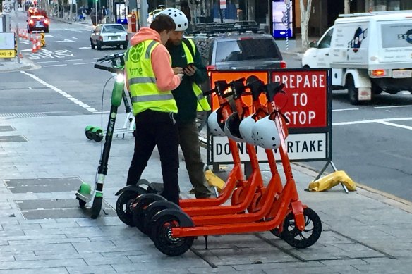 A sample of the ubiquitous e-scooters used to zip people around Brisbane footpaths.