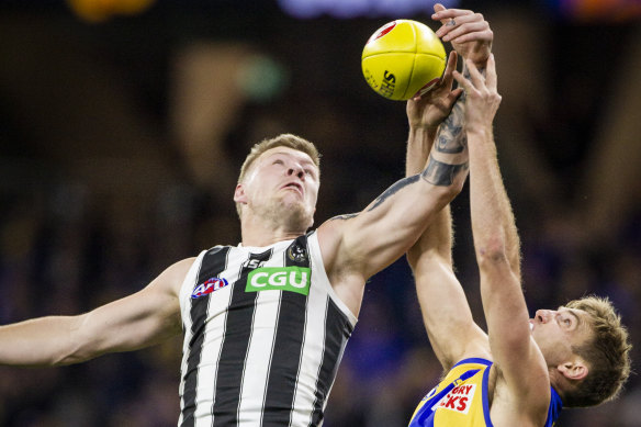 Pivotal performance: Collingwood's Jordan De Goey in attack during the Pies' one-point win against West Coast. 