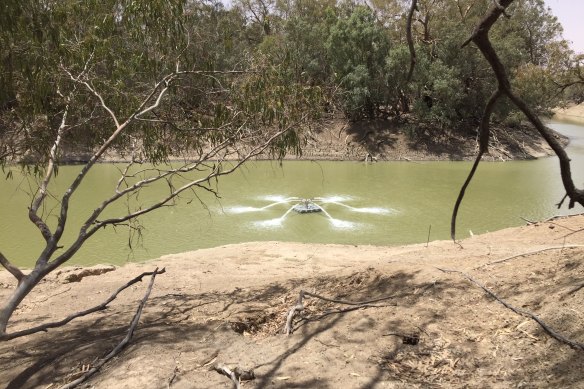 An aerators introduces oxygen into waters of Lake Wetherell, part of the Darling River system near Menindee, in 2019.
