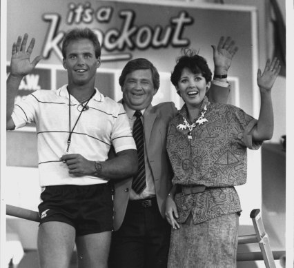 Grant Kenny, Billy J. Smith and Fiona MacDonald on the It’s a Knockout set in 1985.