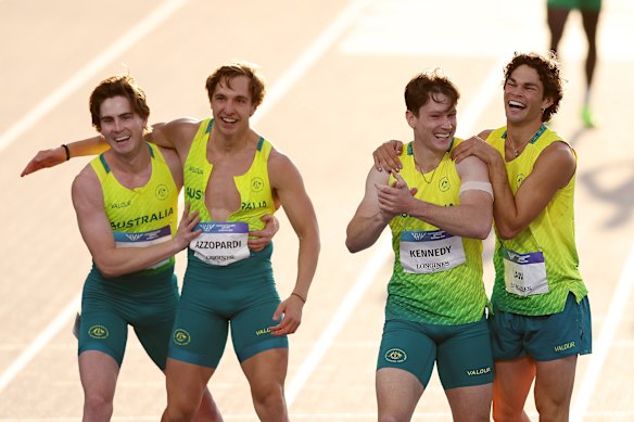 From left: Rohan Browning, Josh Azzopardi, Lachlan Kennedy and Calab Law after striking relay gold in G;lasgow.