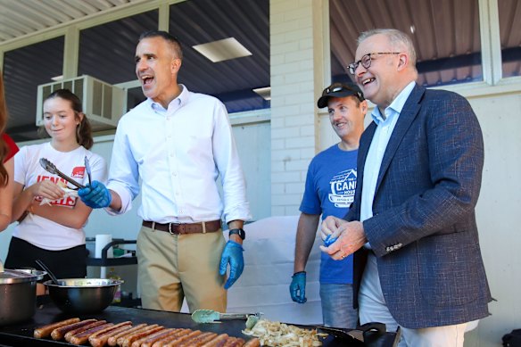 South Australian Premier Peter Malinauskas with Prime Minister Anthony Albanese on election day in Adelaide.