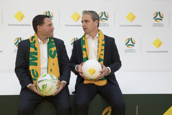 FA chief executive James Johnson with Commonwealth Bank CEO Matt Comyn at a sponsorship announcement in April.