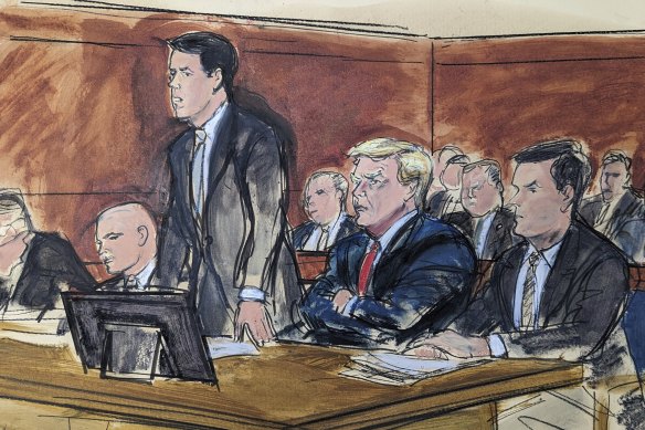 A courtroom sketch of lawyer Todd Blanche entering a plea of not guilty on behalf of former president Donald Trump. Walt Nauta is on the left.