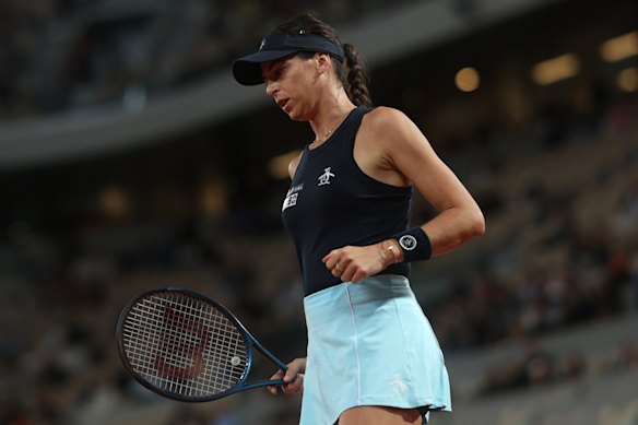 Ajla Tomljanovic looks on before serving against Italy’s Jasmine Paolini.