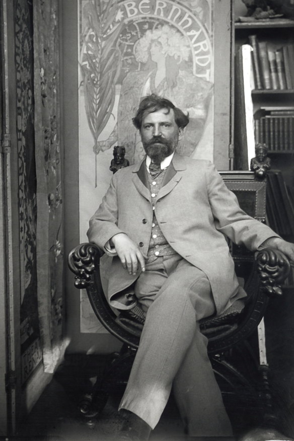 Self-portrait with posters for Sarah Bernhardt at Mucha’s studio in rue du Val-de-Grâce, Paris, c1901.