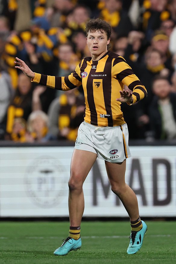 Jack Ginnivan celebrates a goal against Port Adelaide.