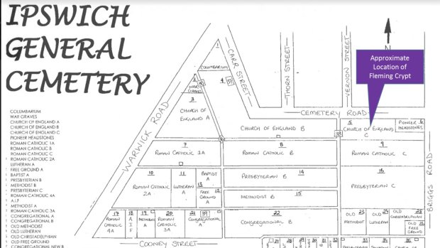 Map of Ipswich cemetery showing where Joseph Fleming's underground crypt is located.